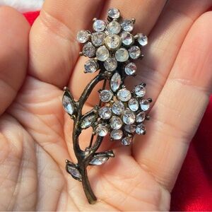 Flower Rhinestone  Brooch | Double Blossom Silver Tone Pin